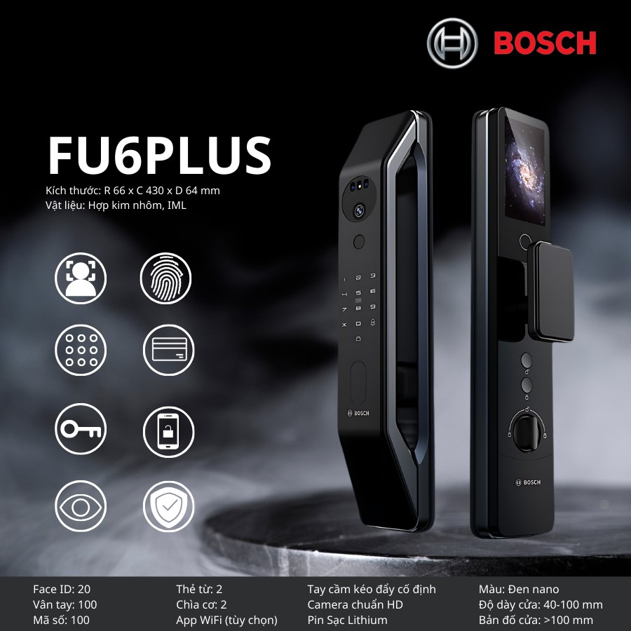 Khóa vân tay Bosch FU6 Plus nhận diện khuôn mặt Face ID 3D, camera chuông hình 1080P, mở cửa không chạm