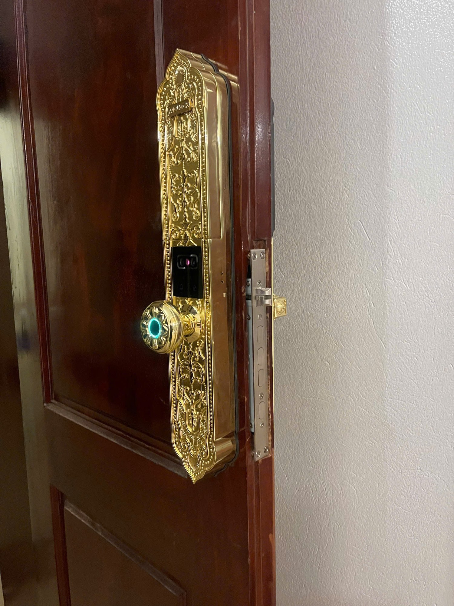 Lắp đặt thực tế khóa vân tay tân cổ điển Avolock AC-996F-G mặt ngoài trên cửa gỗ