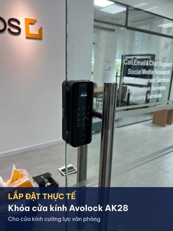 Lắp đặt thực tế khóa cửa kính Avolock AK28 trên cửa kính cường lực văn phòng