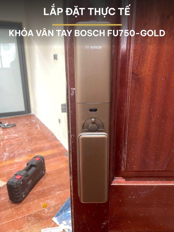 Lắp đặt thực tế khóa vân tay Bosch FU750-Gold push-pull màu vàng đồng trên cửa gỗ