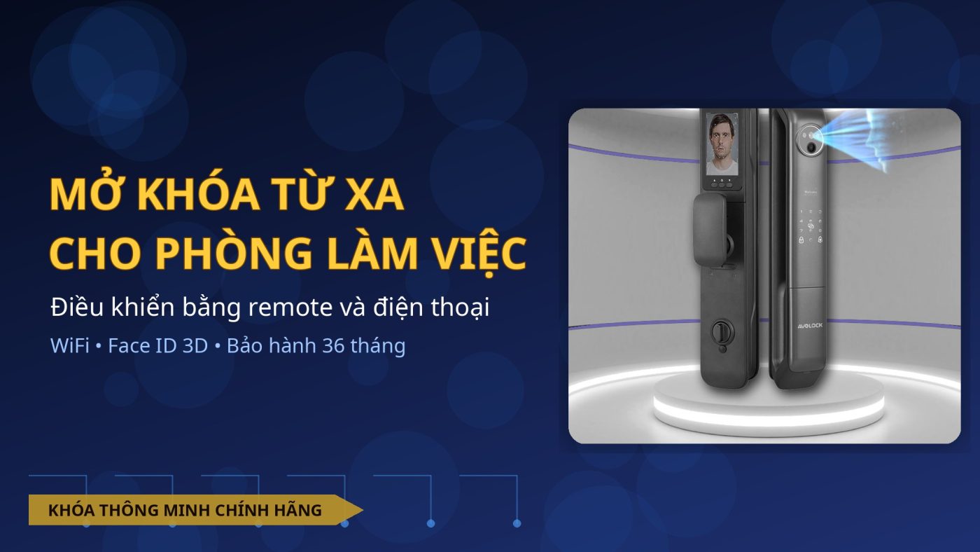Ảnh bìa: Mở khóa từ xa cho phòng làm việc — điều khiển bằng remote và điện thoại, WiFi, Face ID 3D
