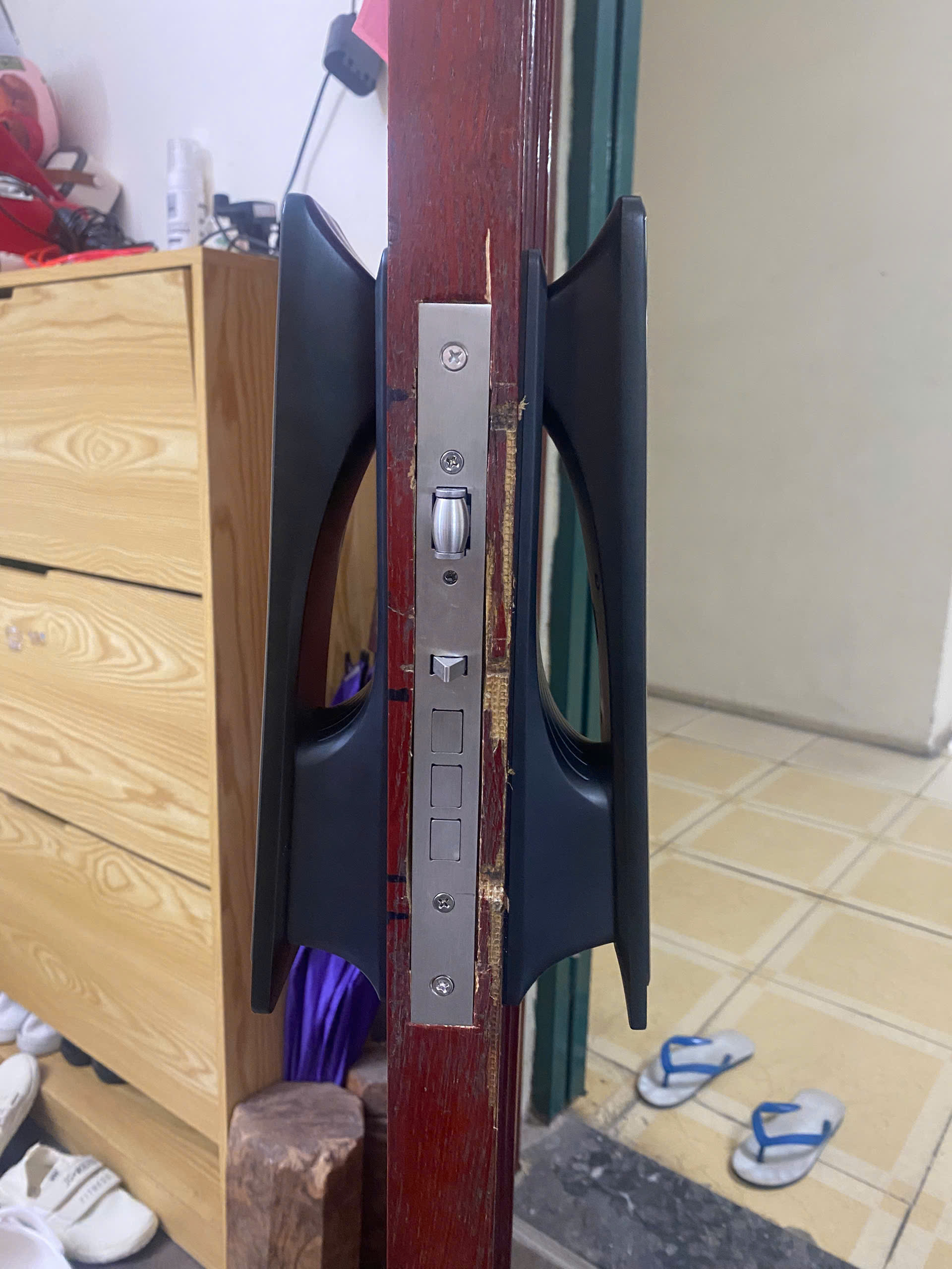 Cạnh cửa gỗ với tay gạt push-pull và cụm chốt inox của khóa Avolock AL-81 lắp đặt thực tế