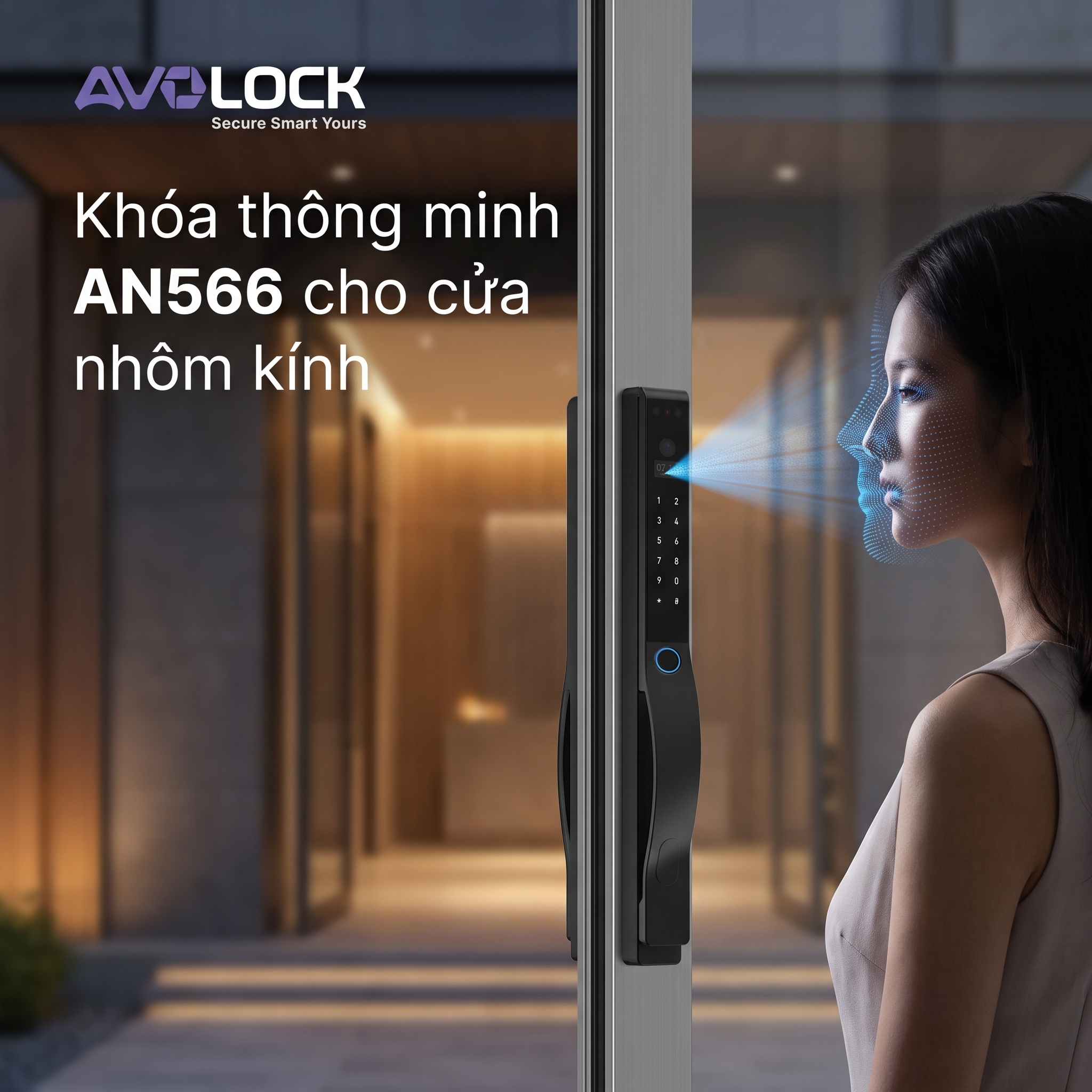 Khóa thông minh cửa nhôm Avolock AN566 cho dự án dùng cửa nhôm Xingfa